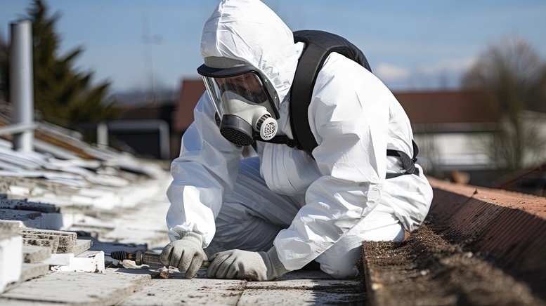 白い防護服と全面防護マスクを着用した作業員が、建材の除去作業を慎重に行っている様子