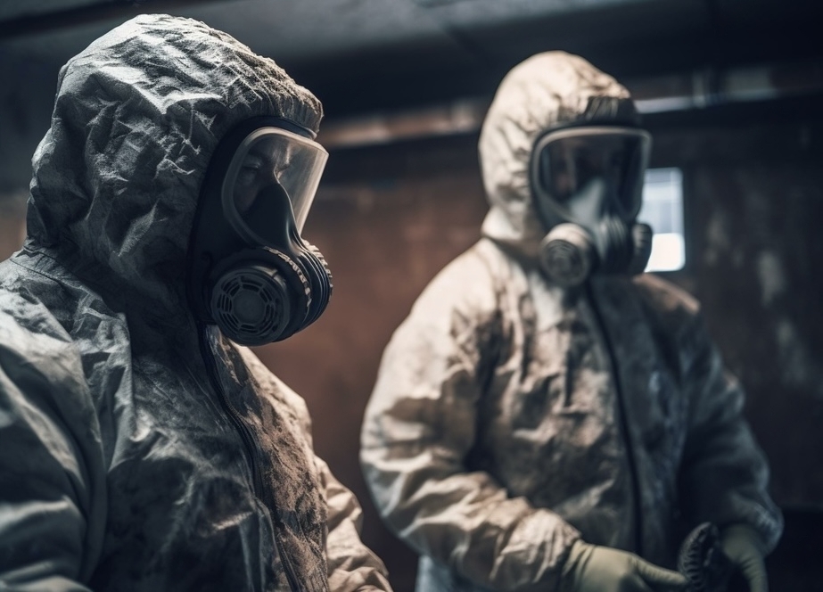 薄暗い現場内で、白い防護服と高性能な全面呼吸用保護具を着用し、作業に備える二人の作業員