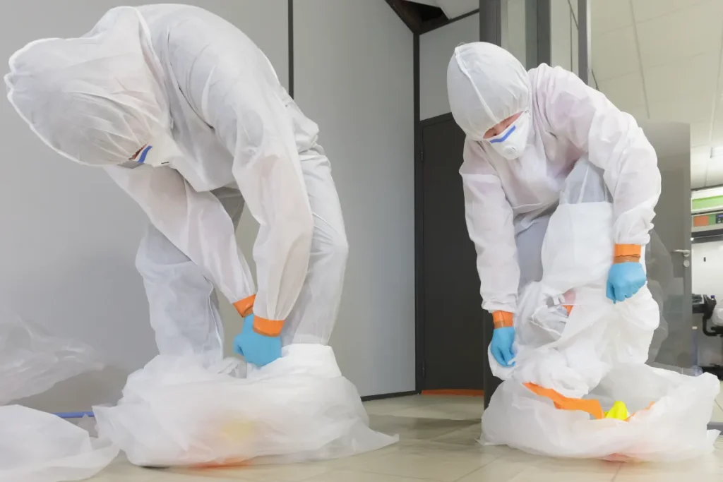 アスベスト事故後、防護服を着用した作業員が除染作業を行い、使用済みの防護服を大きな廃棄袋に慎重に収納します