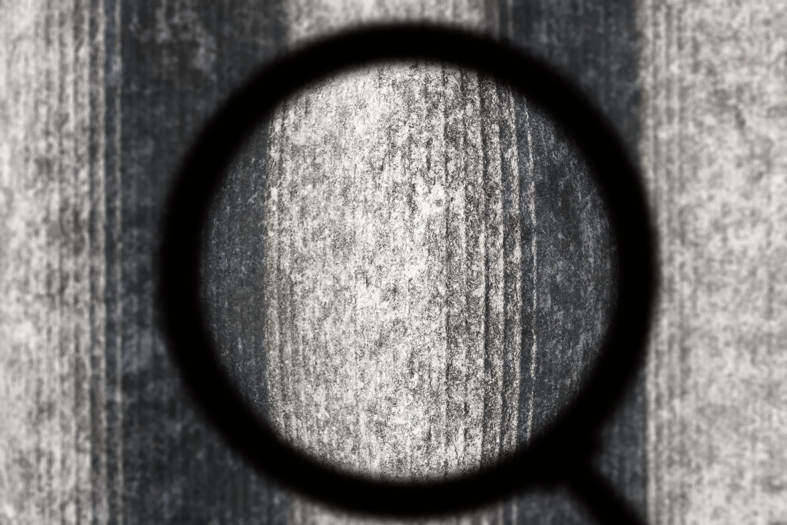 錆びてひどく危険なアスベストの屋根。拡大鏡で見ると、アスベストの粉塵が飛散。