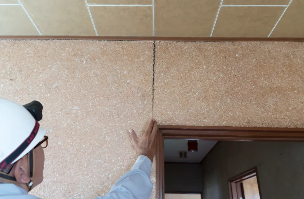 地震で亀裂が入った砂壁を調査するアスベスト調査者