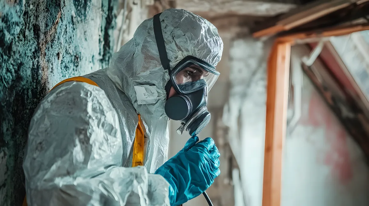 ビル改修工事において、防護具を着用し有害物質を取り扱うアスベスト除去専門技術者