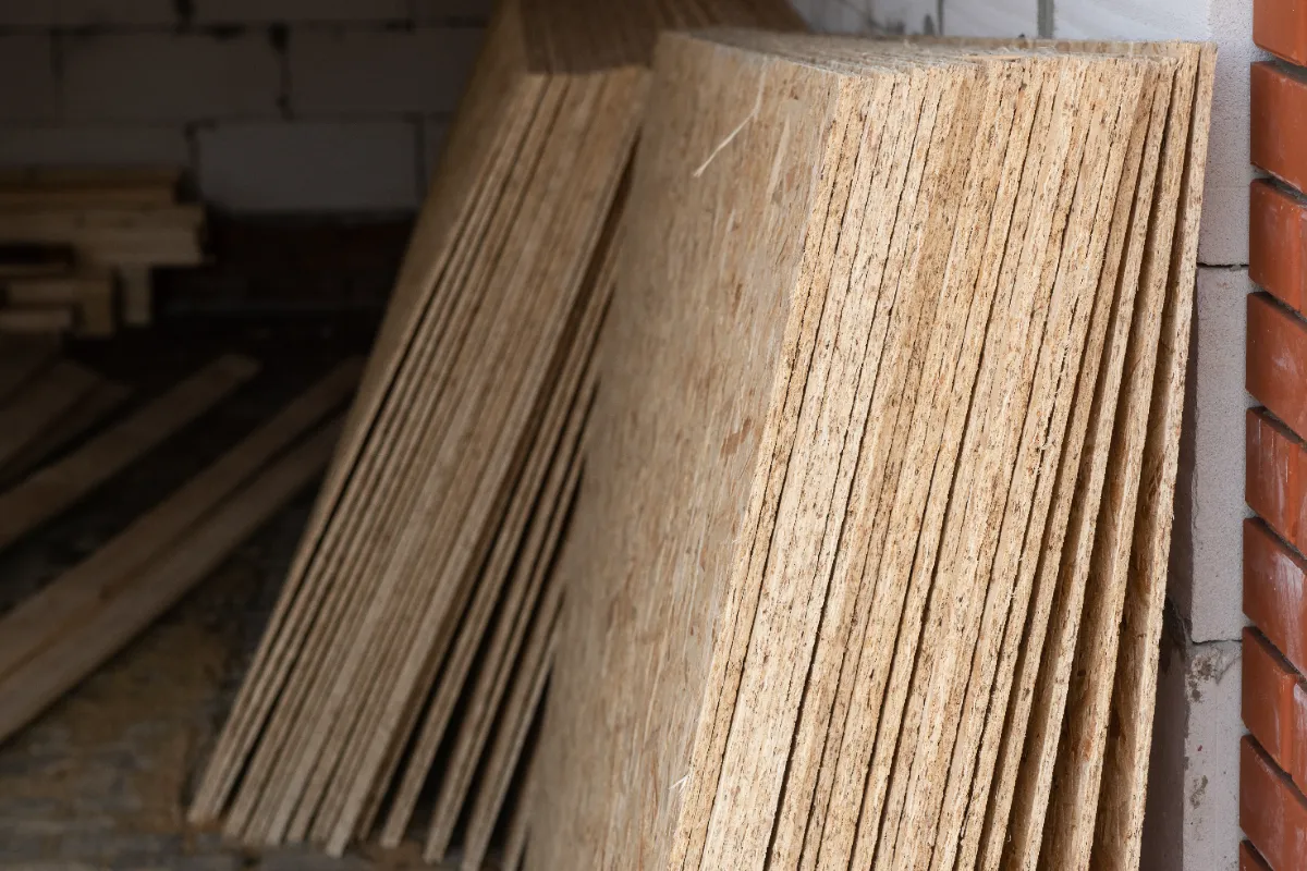 工事現場に積み上げられたパーティクルボードの山