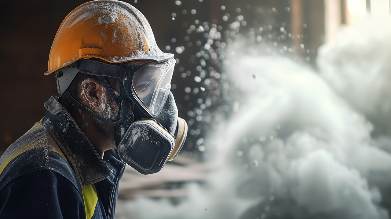 アスベストが飛散する現場で防護服を身につけている作業員