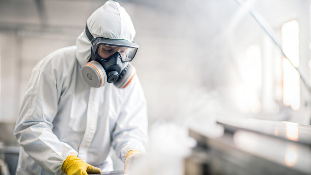 建物内でアスベスト用の防護マスクやタイベックを纏った作業員