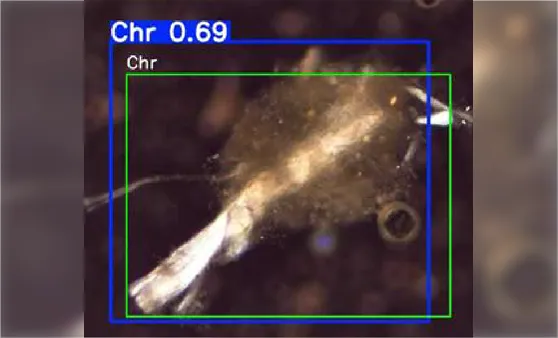 アルフレッド株式会社のラボで行われている、位相差顕微鏡を用いたアスベストの同定分析の様子。繊維状の粒子を精密に判別し、安全性を確認するための専門的な解析プロセス。