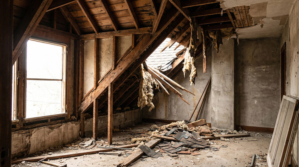 木造建物の屋根裏部分。剥き出しになった梁の間から断熱材が垂れ下がっており、床には瓦礫や建材の破片が散乱している