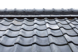 建物の屋根を斜め上から俯瞰で捉えた写真。均一に並んだスレート瓦（カラーベスト・コロニアル等）が広範囲に映っており、屋根材の全体的な配置と色あせなどの経年劣化の状態が確認できる。