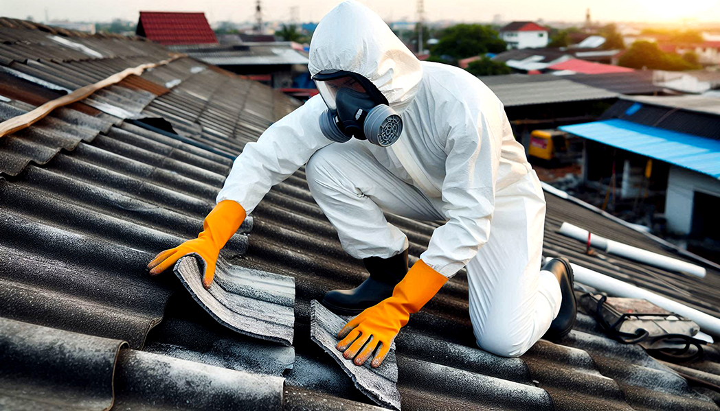 白い防護服と全面マスクを着用した作業員が、屋根の上でアスベスト含有建材の除去またはサンプリング作業を行っている様子。