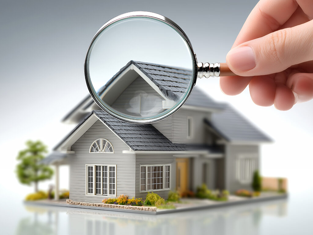 戸建て住宅の全景模型。屋根にはアスベスト含有の可能性があることを虫眼鏡で覗くイメージで表現している