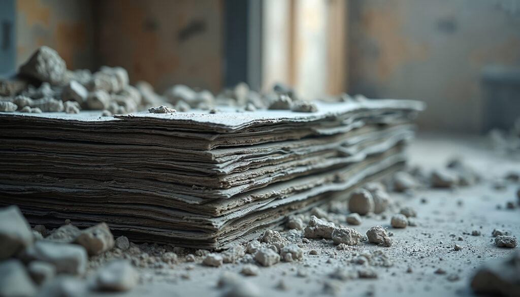 解体現場の床に置かれた、アスベストを含有すると思われる積層された古い建材と、周囲に散乱する瓦礫のクローズアップ