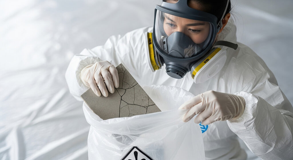 防護服とマスクを着用した作業員が、割れたレベル3アスベスト建材を専用の廃棄袋に慎重に入れている