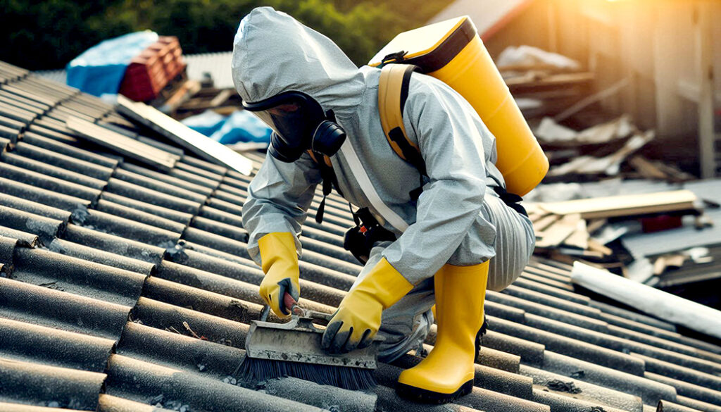 防護服と防塵マスクを着用した作業員が、アスベストの飛散を防ぎながら屋根の清掃・補修作業を行っている