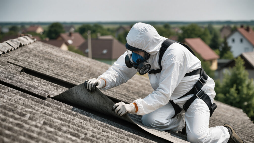 防護服とフルフェイスマスクを装着した作業員が、住宅の屋根でアスベストを含むスレート板を手作業で慎重に剥がしている