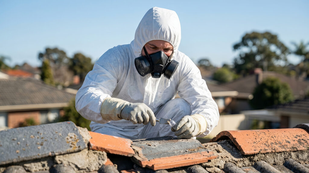 防護服とマスクを着用した作業員が、住宅の屋根でアスベスト（石綿）調査のための検体採取を行っている