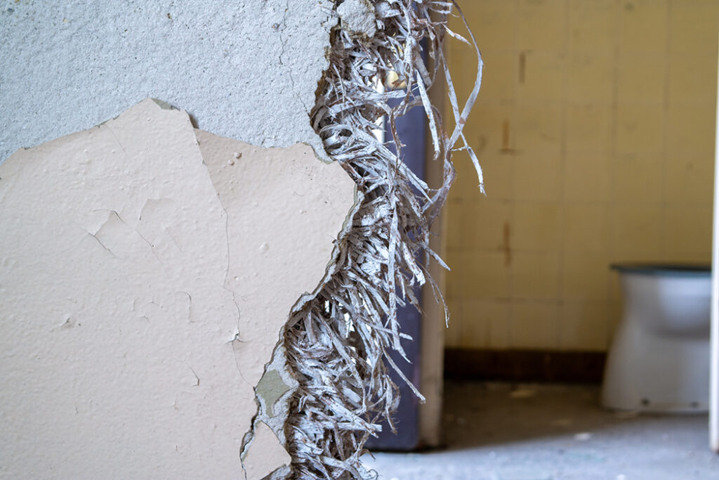 壁の表面塗膜が剥がれ、内部から束状の繊維建材が毛羽立って露出している