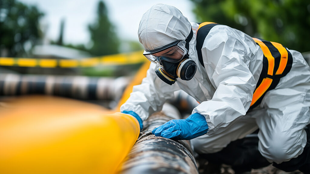 防護服と保護マスクを着用した作業員が、黄色い配管保温材に触れながら、劣化状況や検体採取の対象位置を確認している