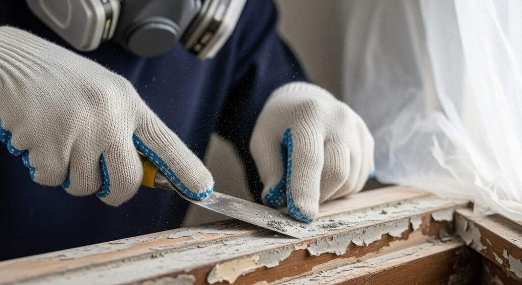 防じんマスクを着用した作業員が作業手袋をはめ、窓枠周りの古い塗膜や下地材をヘラで削り落としている