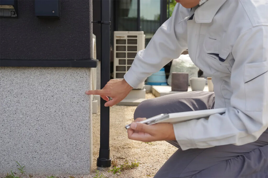 作業服を着てバインダーを持った調査員がしゃがみ込み、一戸建て住宅の外壁下部や塗膜のアスベスト含有有無を指差し確認・目視点検している